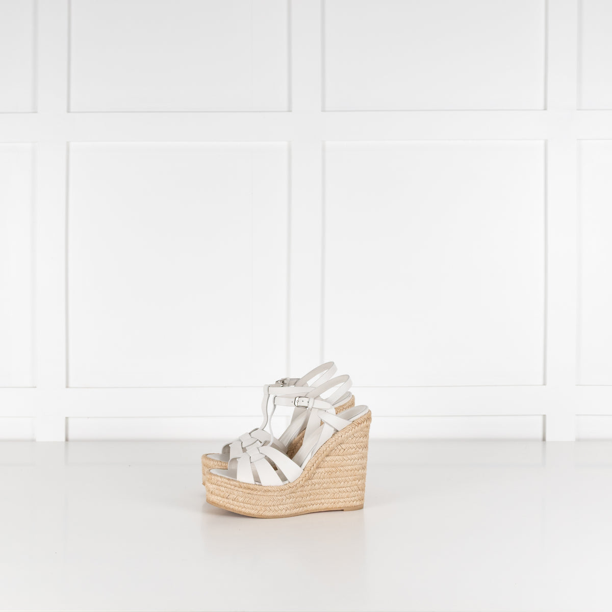 Saint Laurent White Leather Tribute Espadrille Wedges