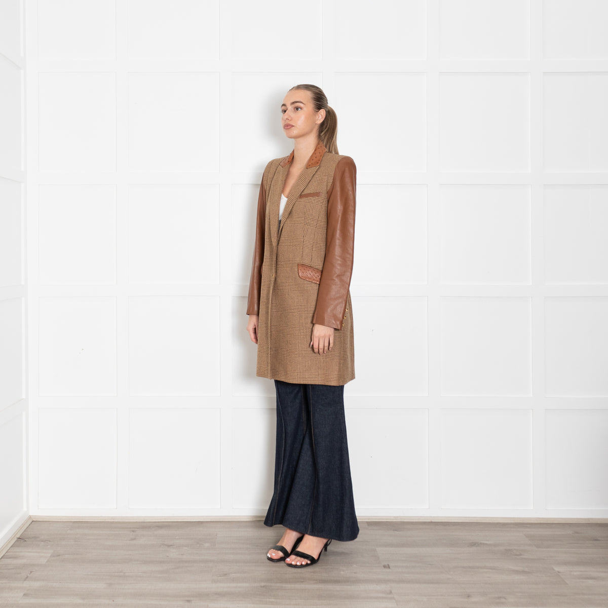 Holland Cooper Tweed Coat With Leather Sleeves, Collar & Pockets