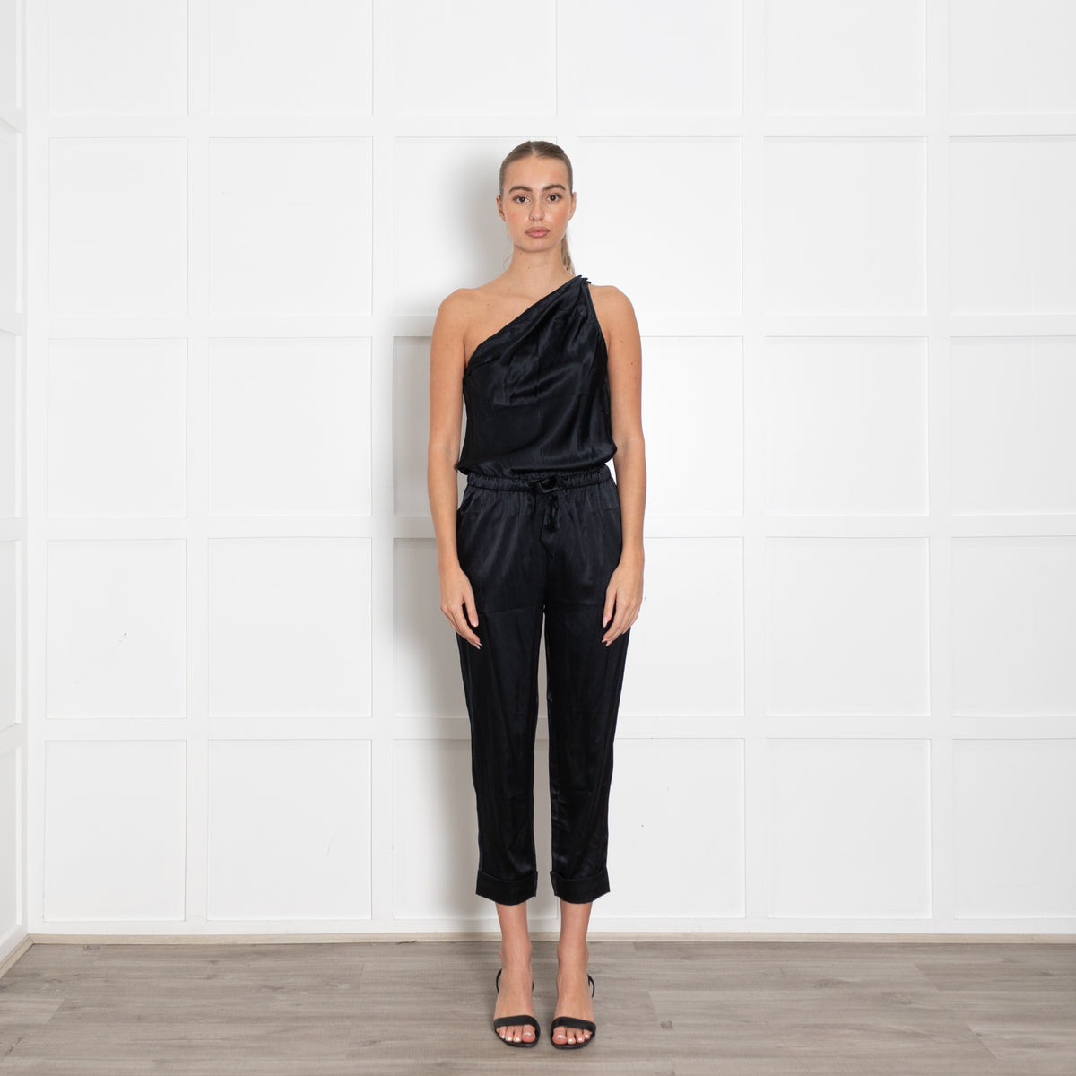 Cami NYC Black Satin One Shoulder Jumpsuit