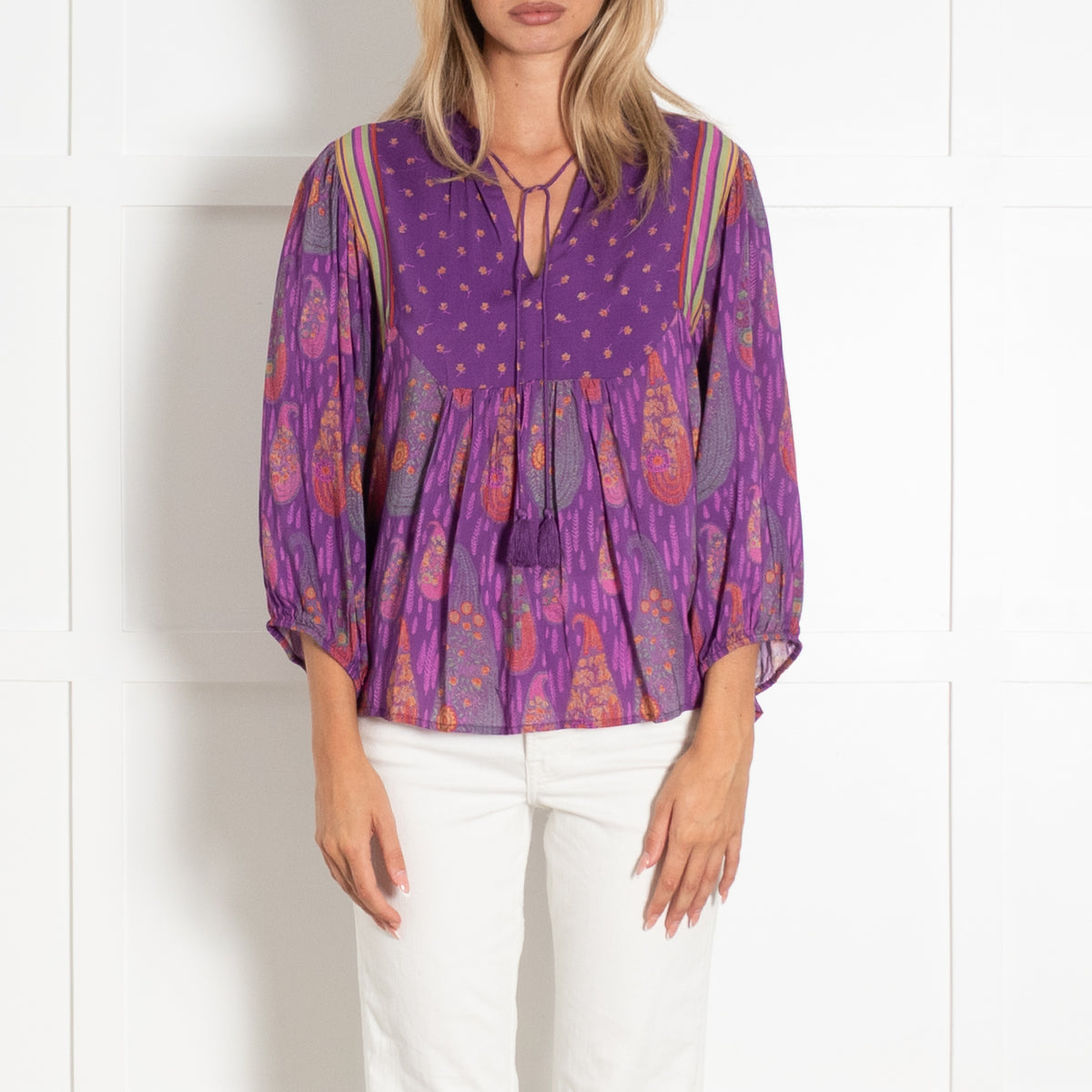 Bash Purple Orange Green Paisley Print Top