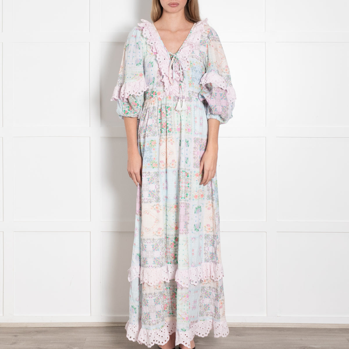 Fillyboo Pastel Pink Lilac Aqua Floral Lace Trim Cotton Maxi Dress