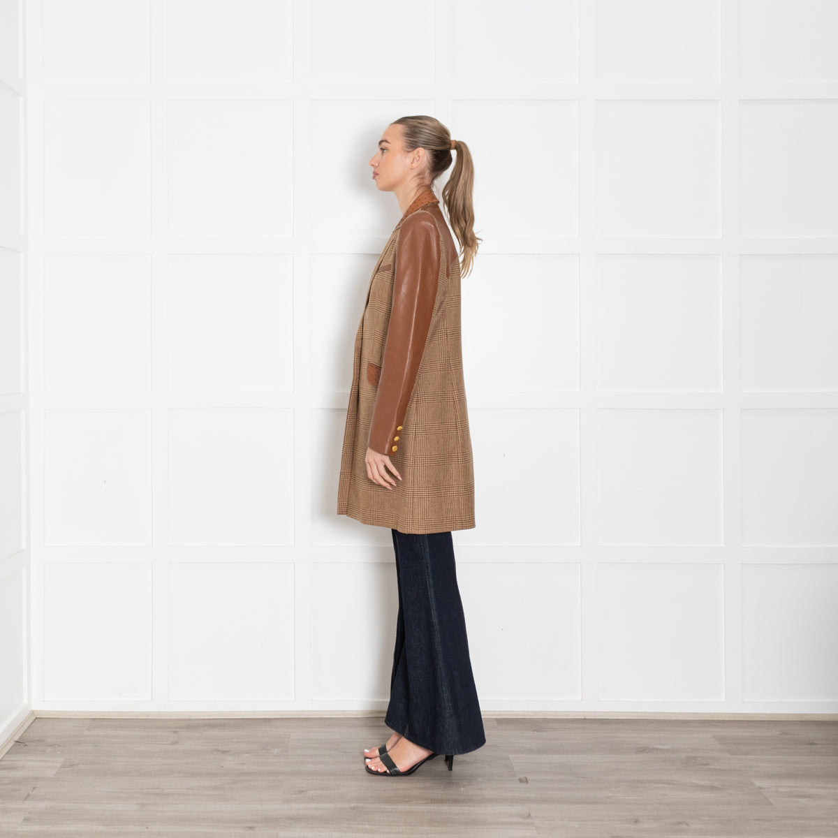 Holland Cooper Tweed Coat With Leather Sleeves, Collar & Pockets