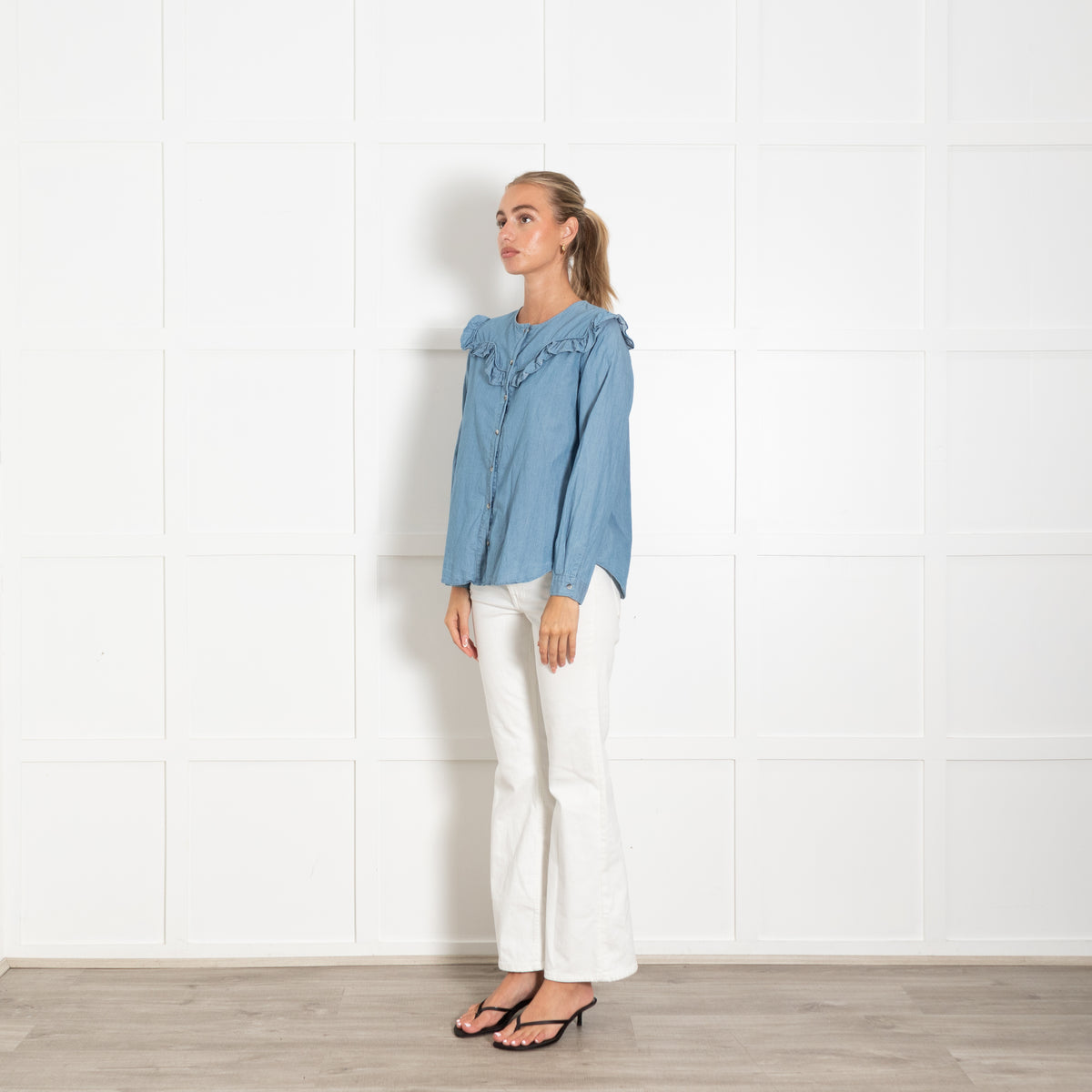 MiH Jeans Blue Chambray Frill Front Shirt
