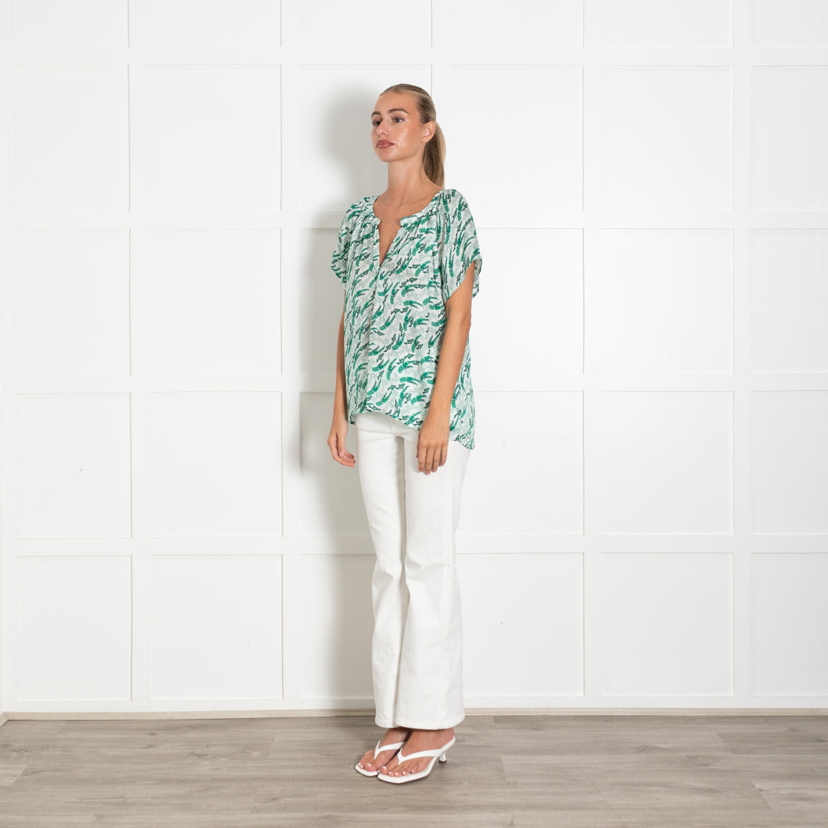 Primrose Park Green And White Fern Pattern Cap Sleeve Top