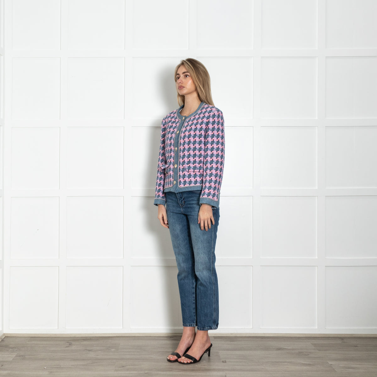 Sandro Pink And Blue Tweed Jacket With Gold Buttons