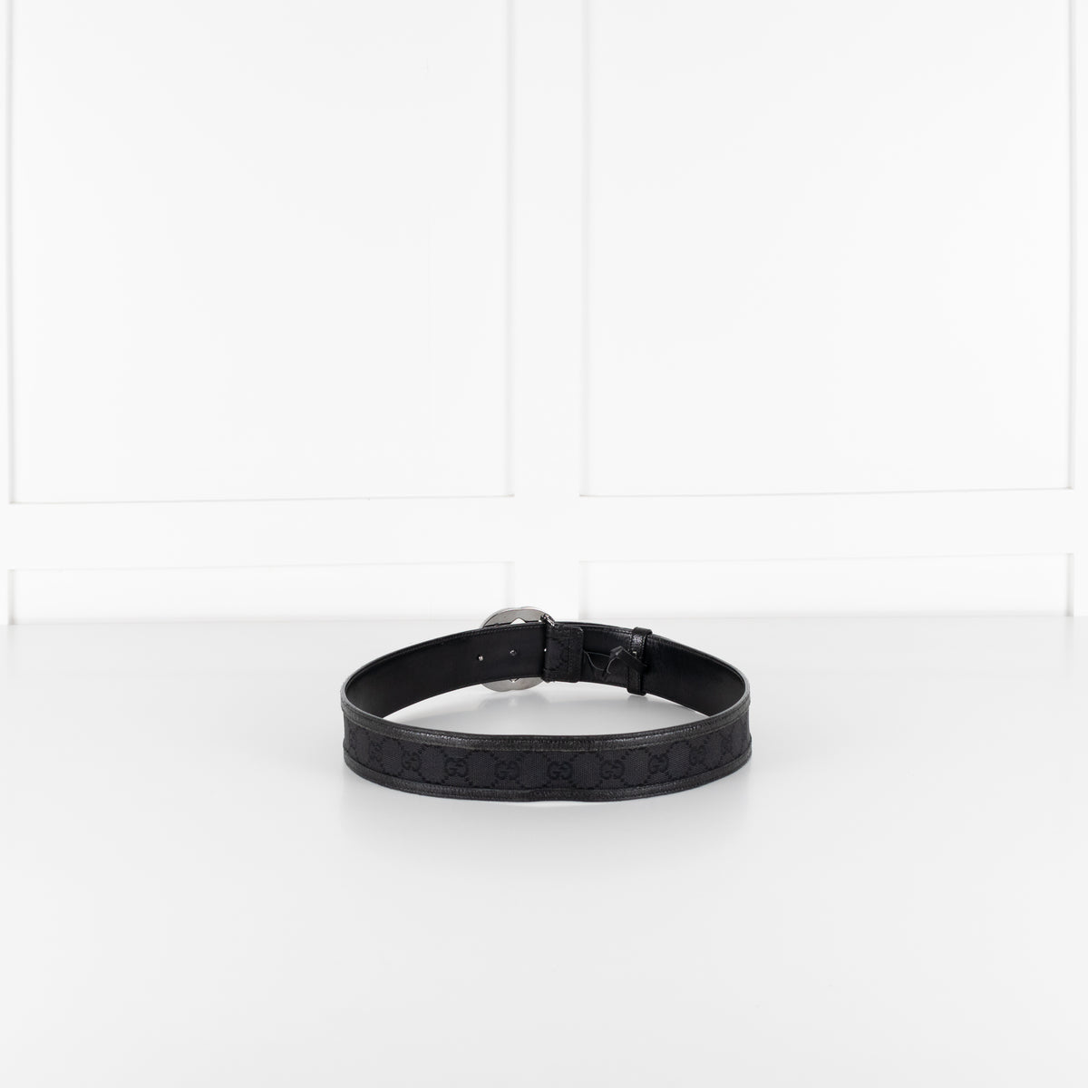 Gucci Black Silver GG Logo Leather Trim Fabric Belt