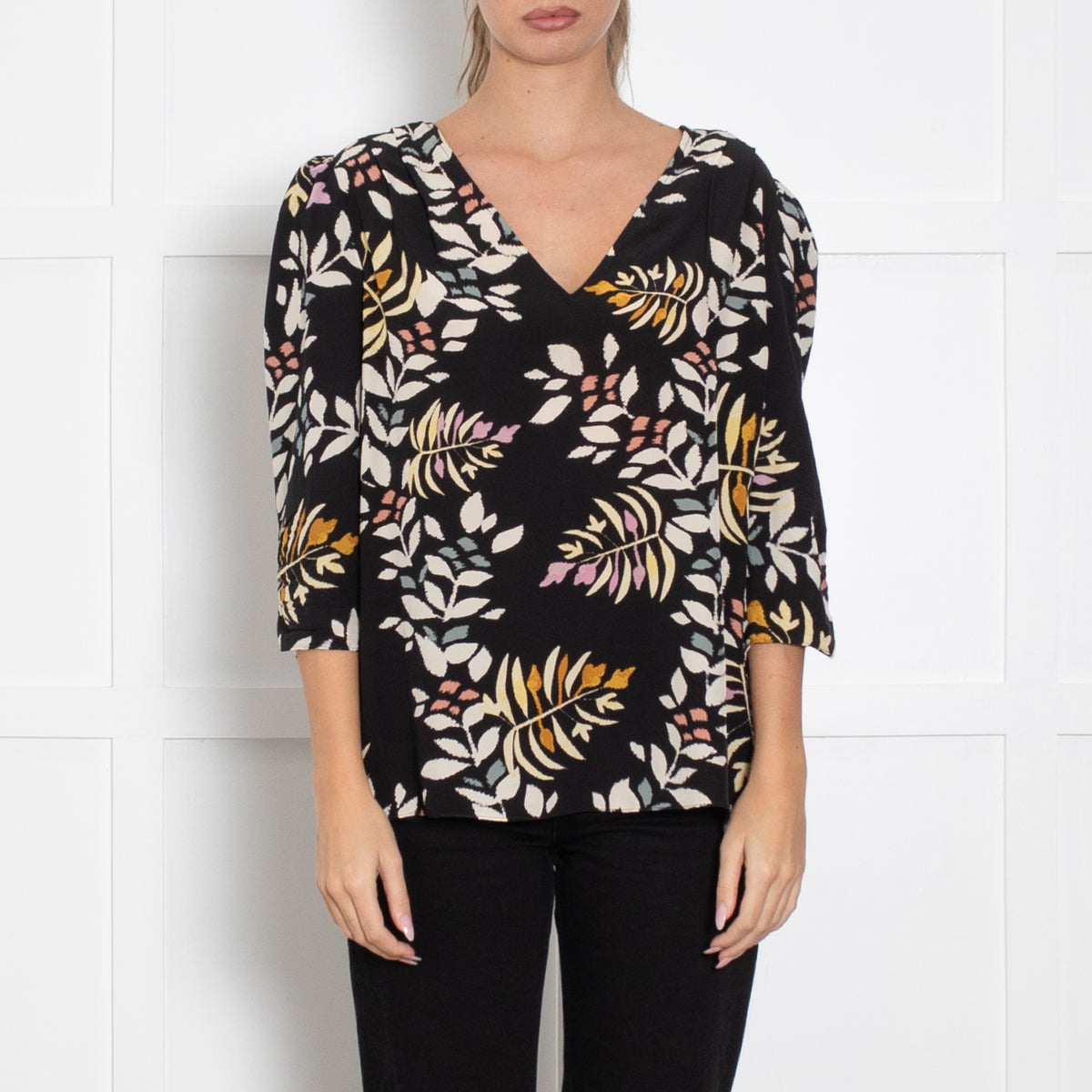 Ba&sh Black Floral Blouse with Gathered Cuffs
