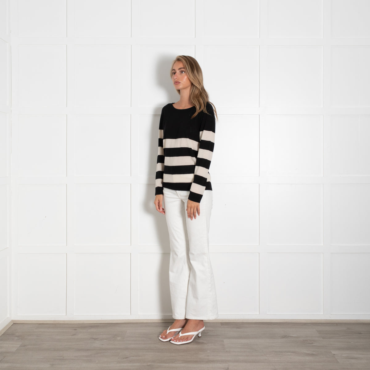 Strenesse Black And Cream Stripe Fine Knit Cashmere Jumper