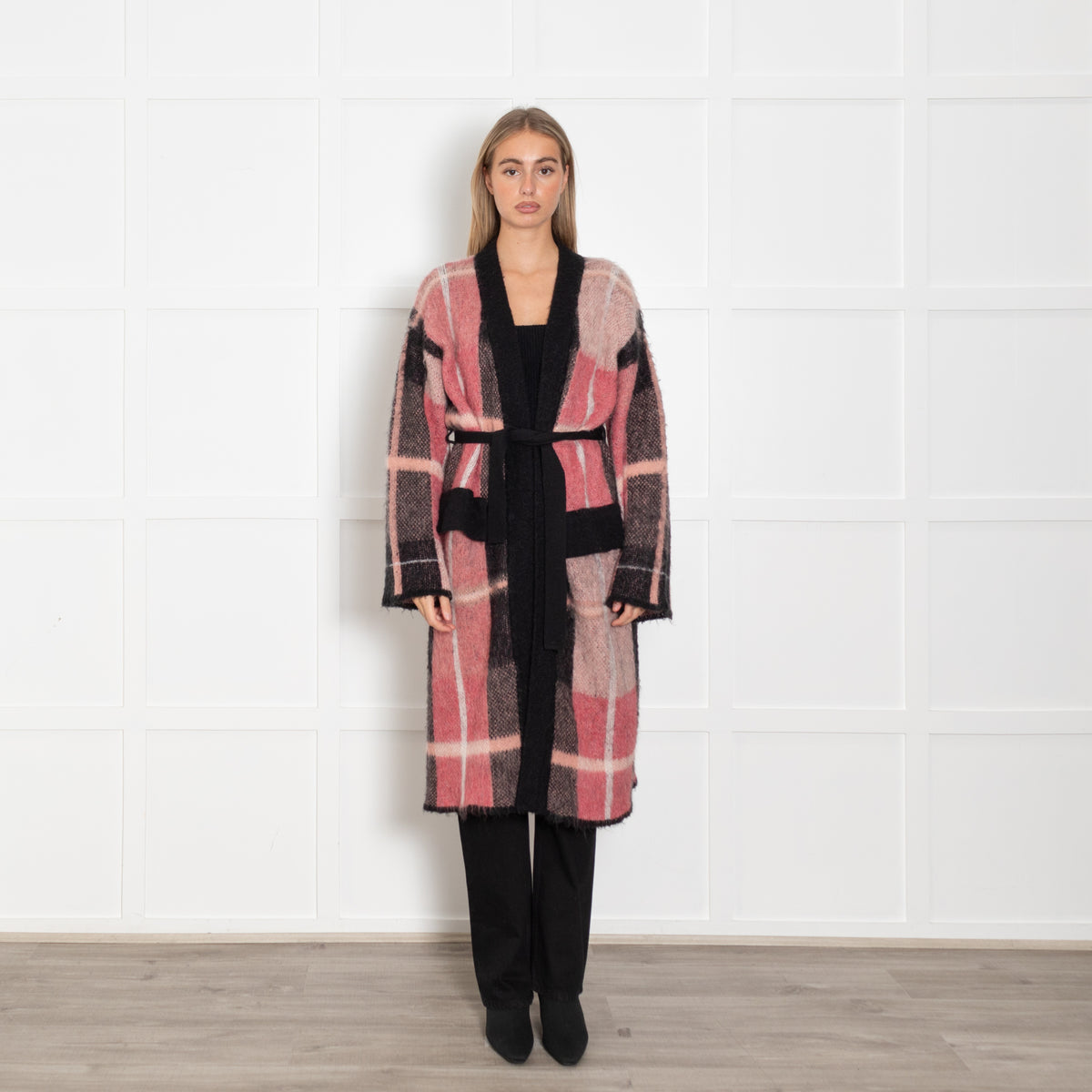 Beatrice B Pink And Grey Plaid Long Belted Cardigan