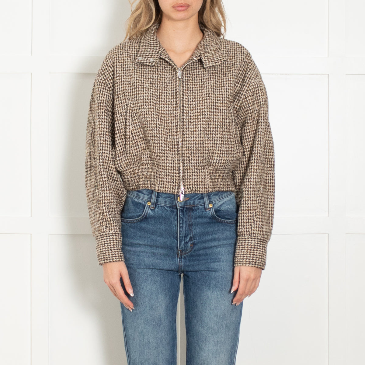 A.L.C Brown Houndstooth Wool Blend Cropped  Bomber Jacket