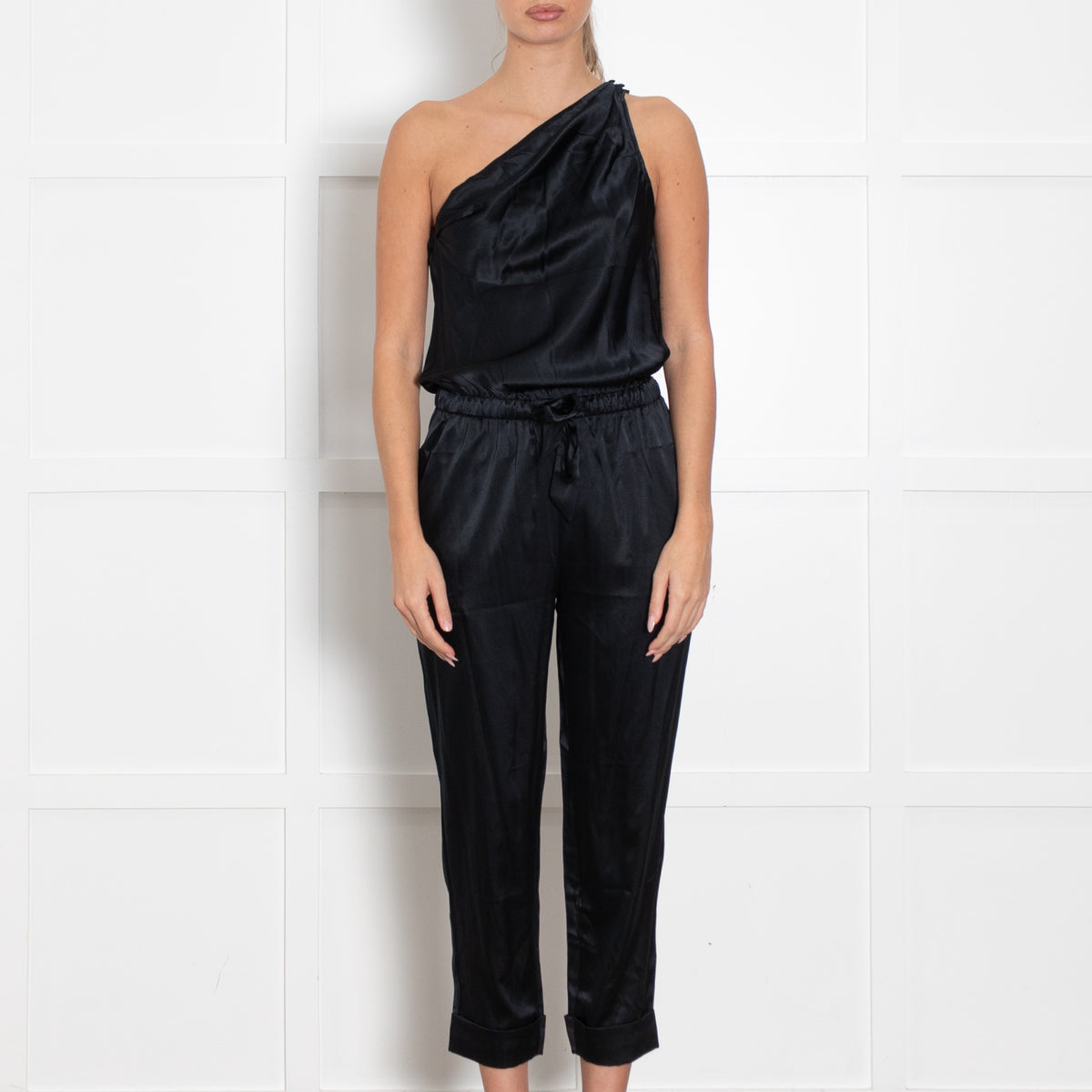 Cami NYC Black Satin One Shoulder Jumpsuit