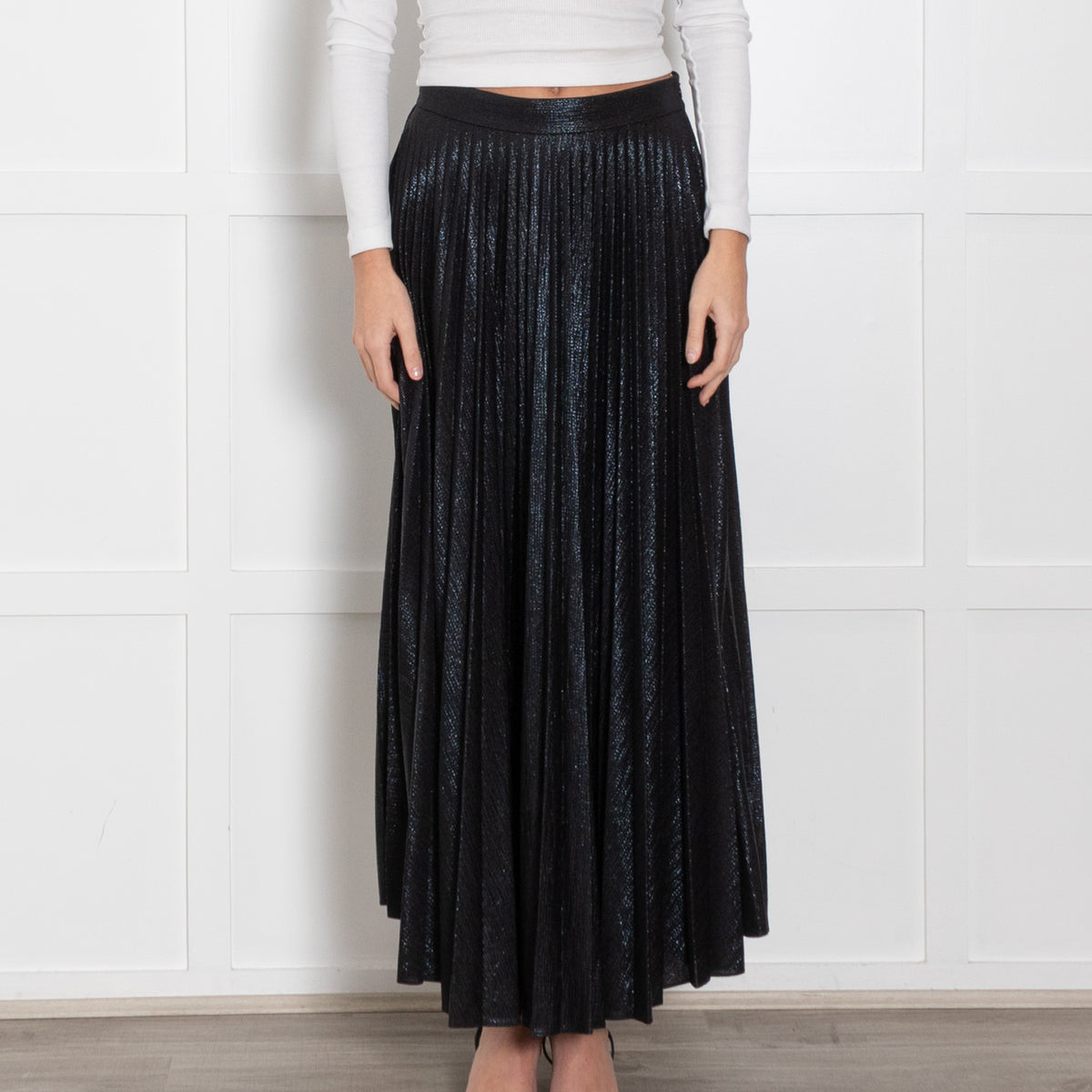 Emilia Wickstead Black Shimmer Pleated Long Skirt