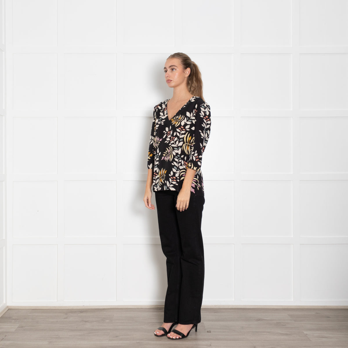 Ba&sh Black Floral Blouse with Gathered Cuffs