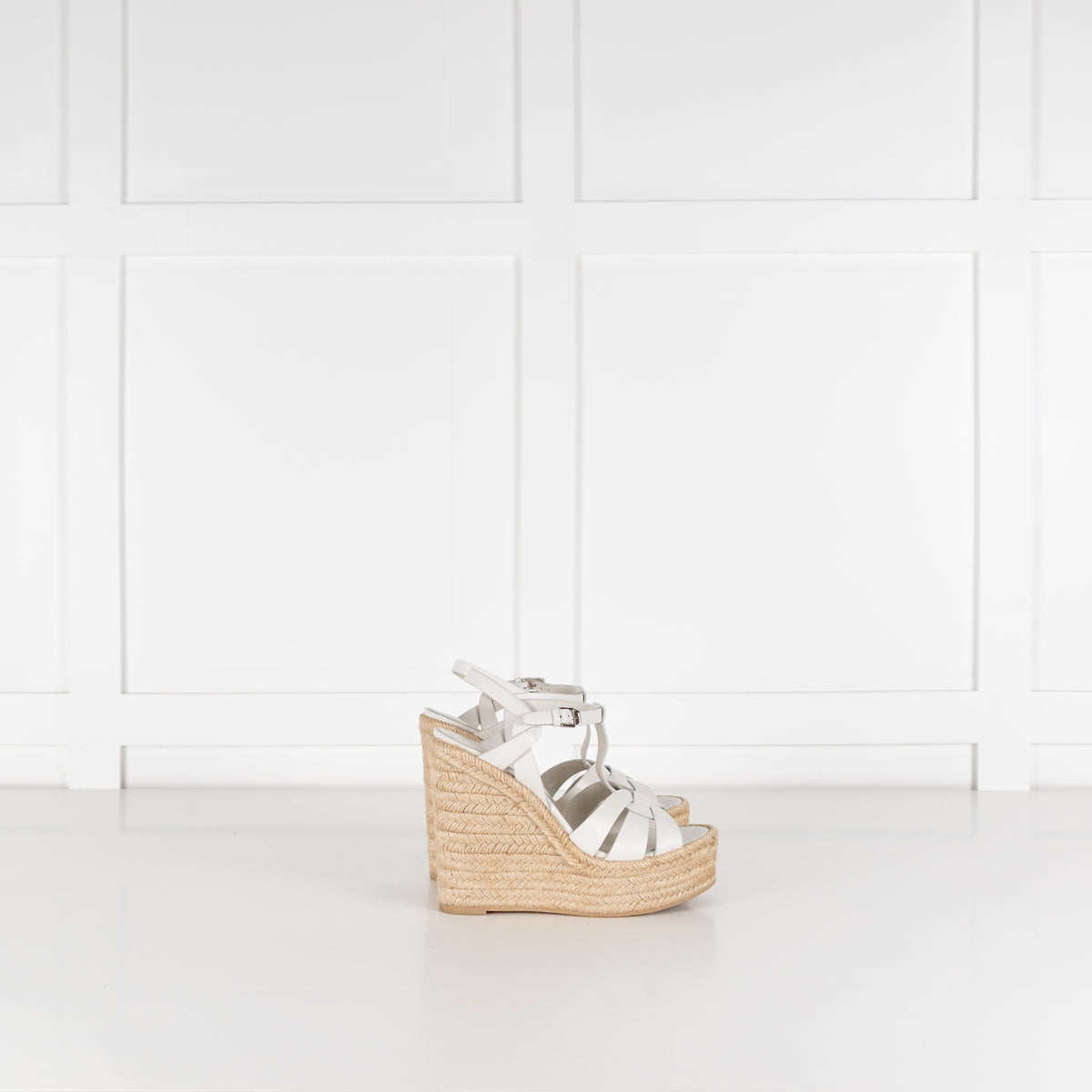 Saint Laurent White Leather Tribute Espadrille Wedges