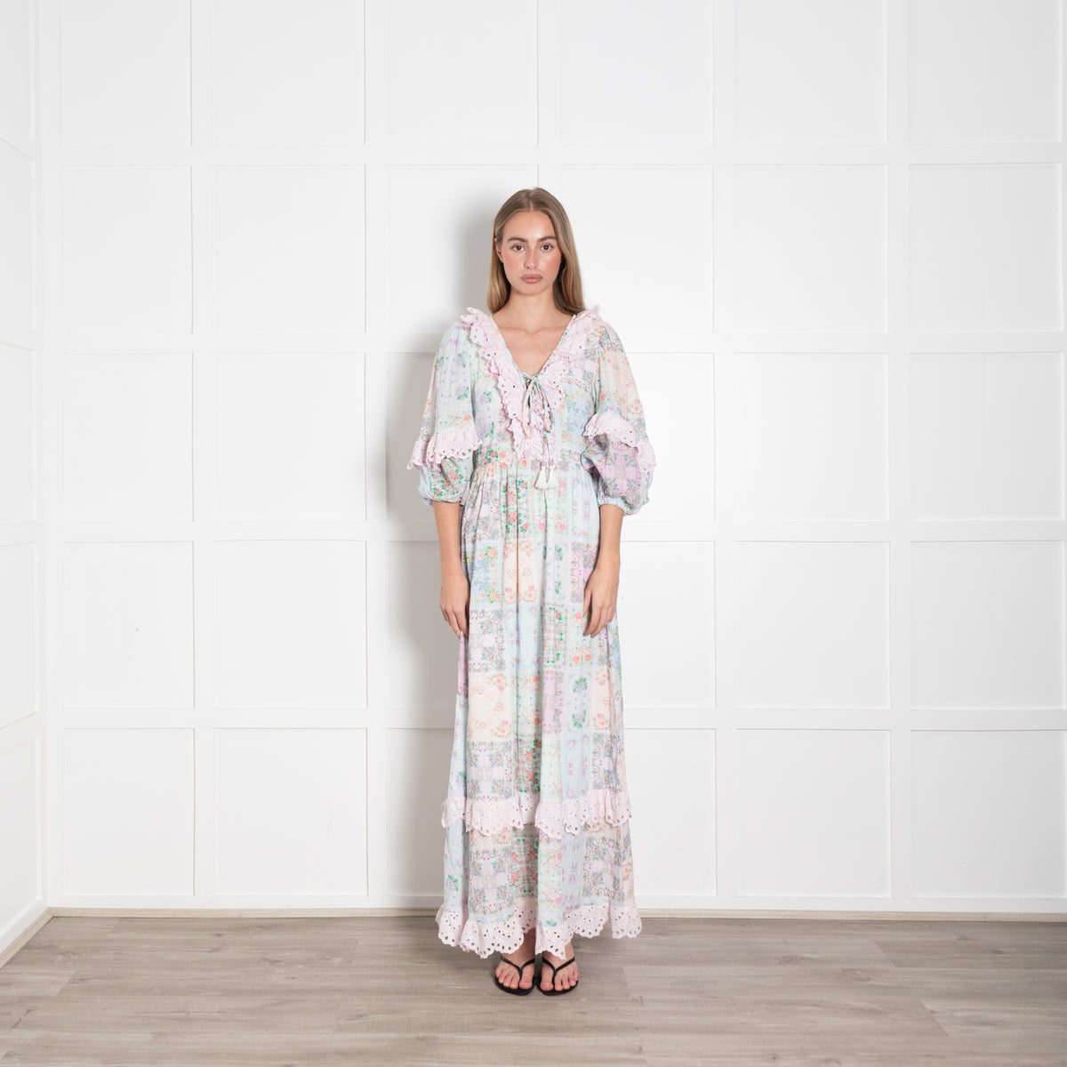 Fillyboo Pastel Pink Lilac Aqua Floral Lace Trim Cotton Maxi Dress