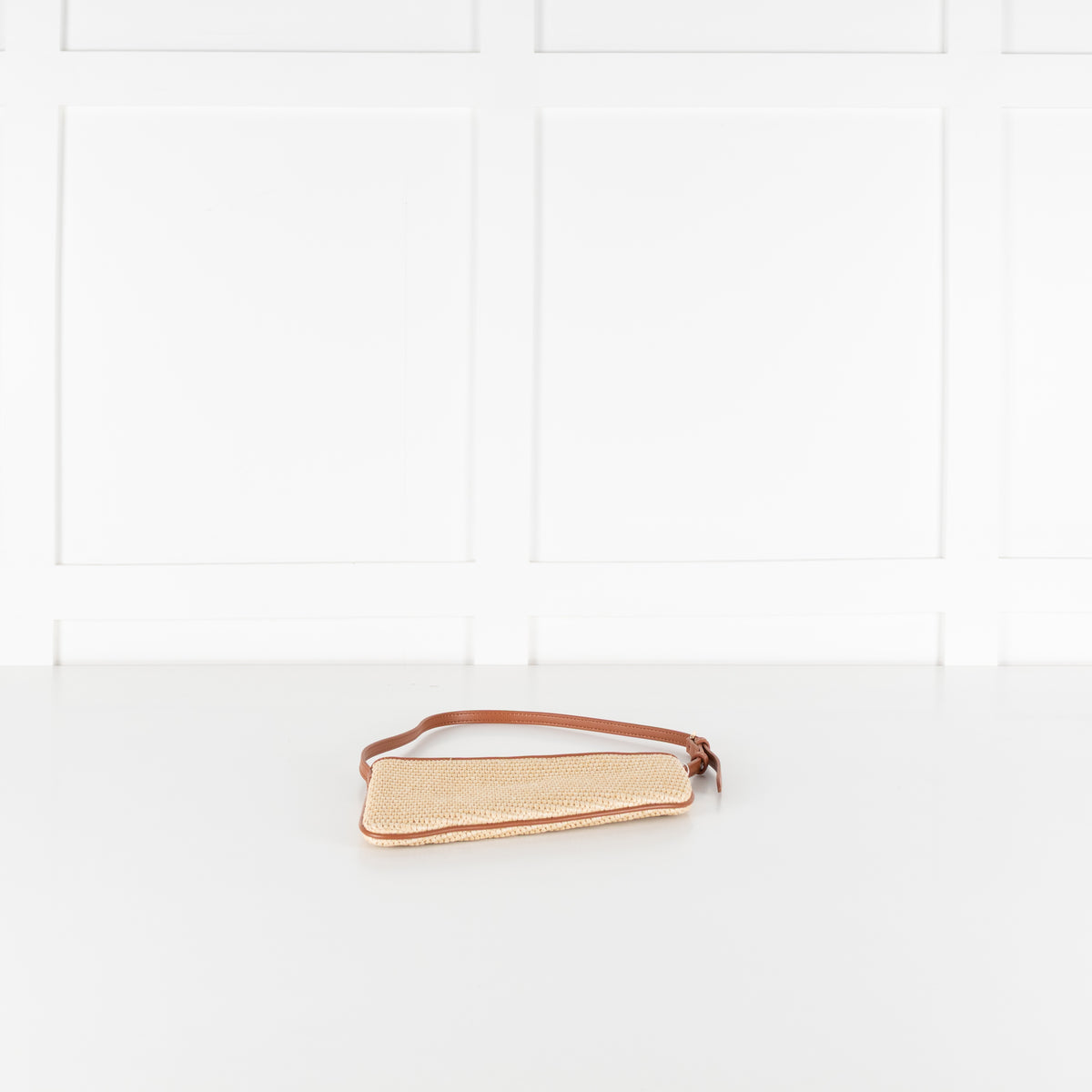 Aupen Beige Woven Asymmetric Shoulder Bag With Brown Leather Trim