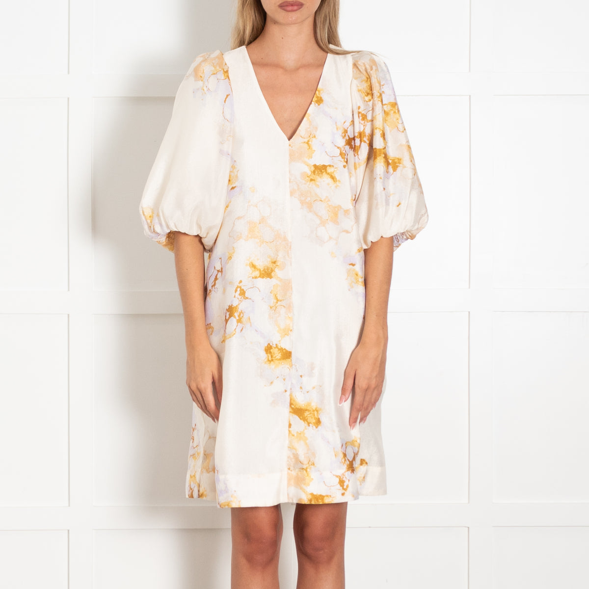 Second Female Cream With Purple Watercolour Print Puff Sleeve Dress