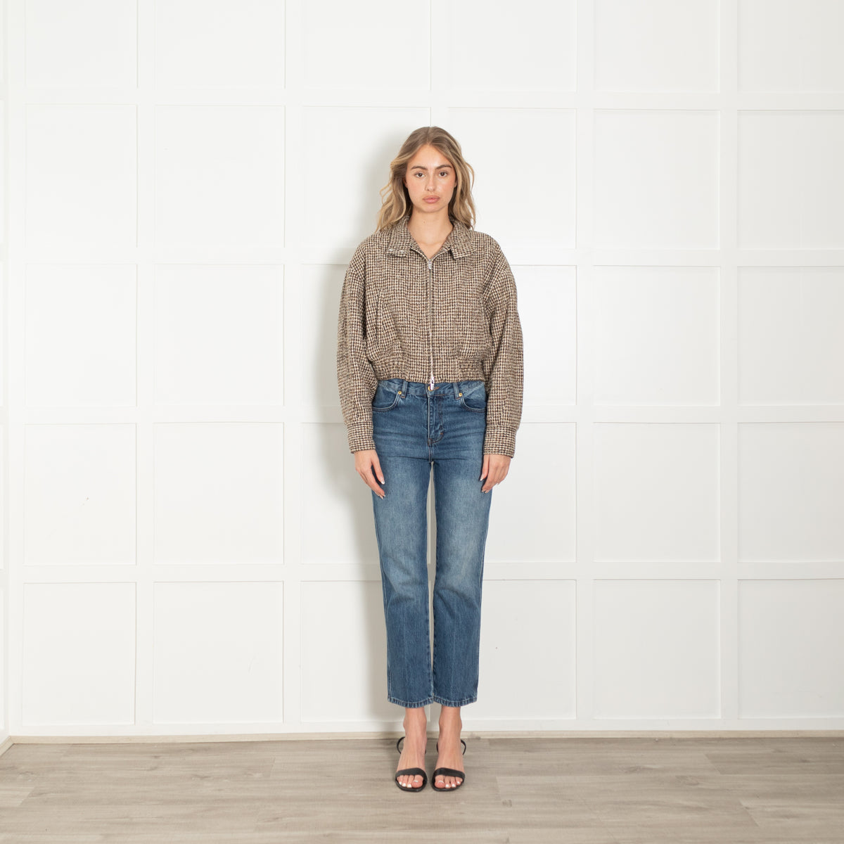 A.L.C Brown Houndstooth Wool Blend Cropped  Bomber Jacket