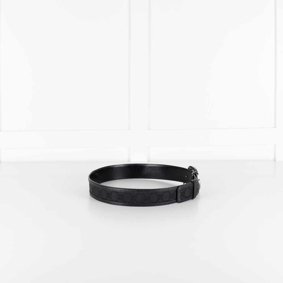 Gucci Black Silver GG Logo Leather Trim Fabric Belt
