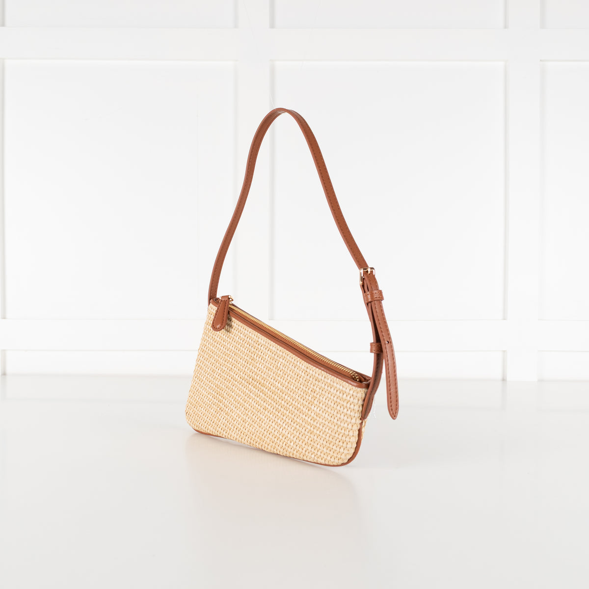 Aupen Beige Woven Asymmetric Shoulder Bag With Brown Leather Trim