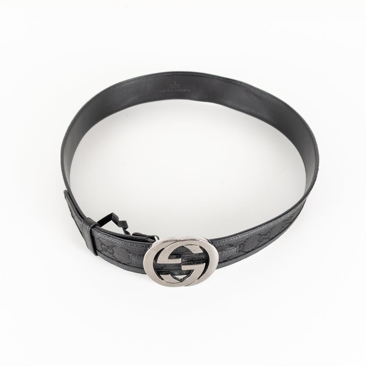 Gucci Black Silver GG Logo Leather Trim Fabric Belt