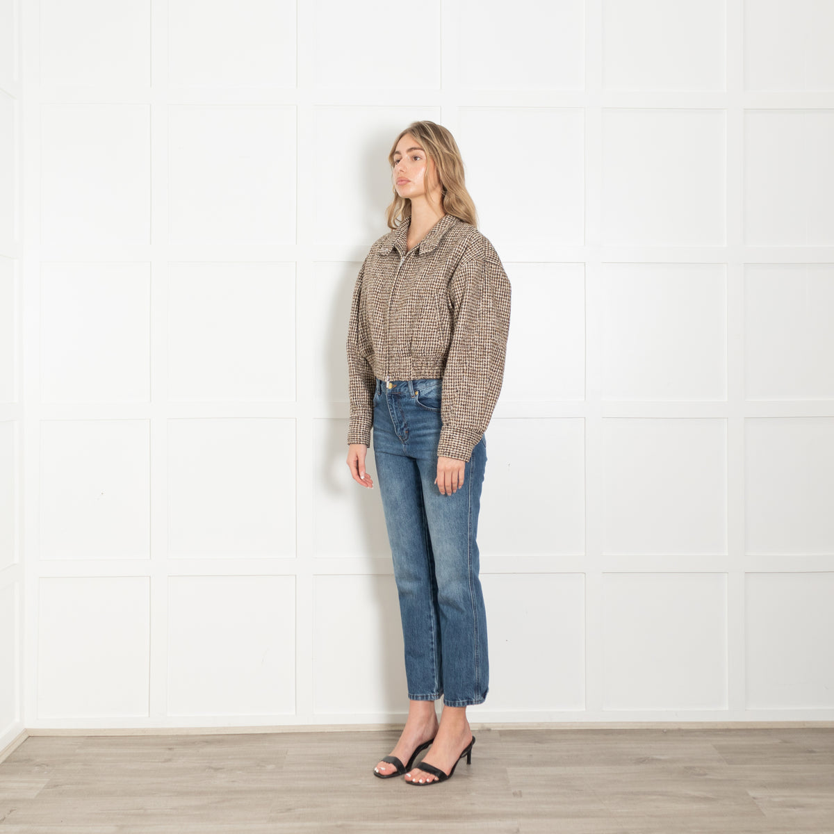 A.L.C Brown Houndstooth Wool Blend Cropped  Bomber Jacket