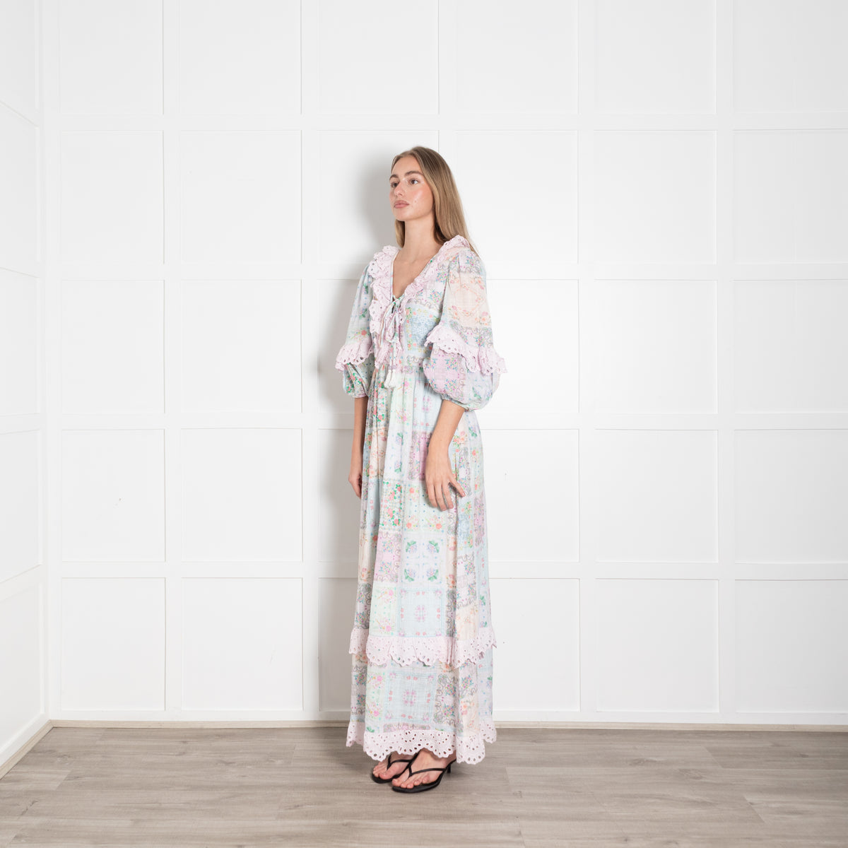 Fillyboo Pastel Pink Lilac Aqua Floral Lace Trim Cotton Maxi Dress
