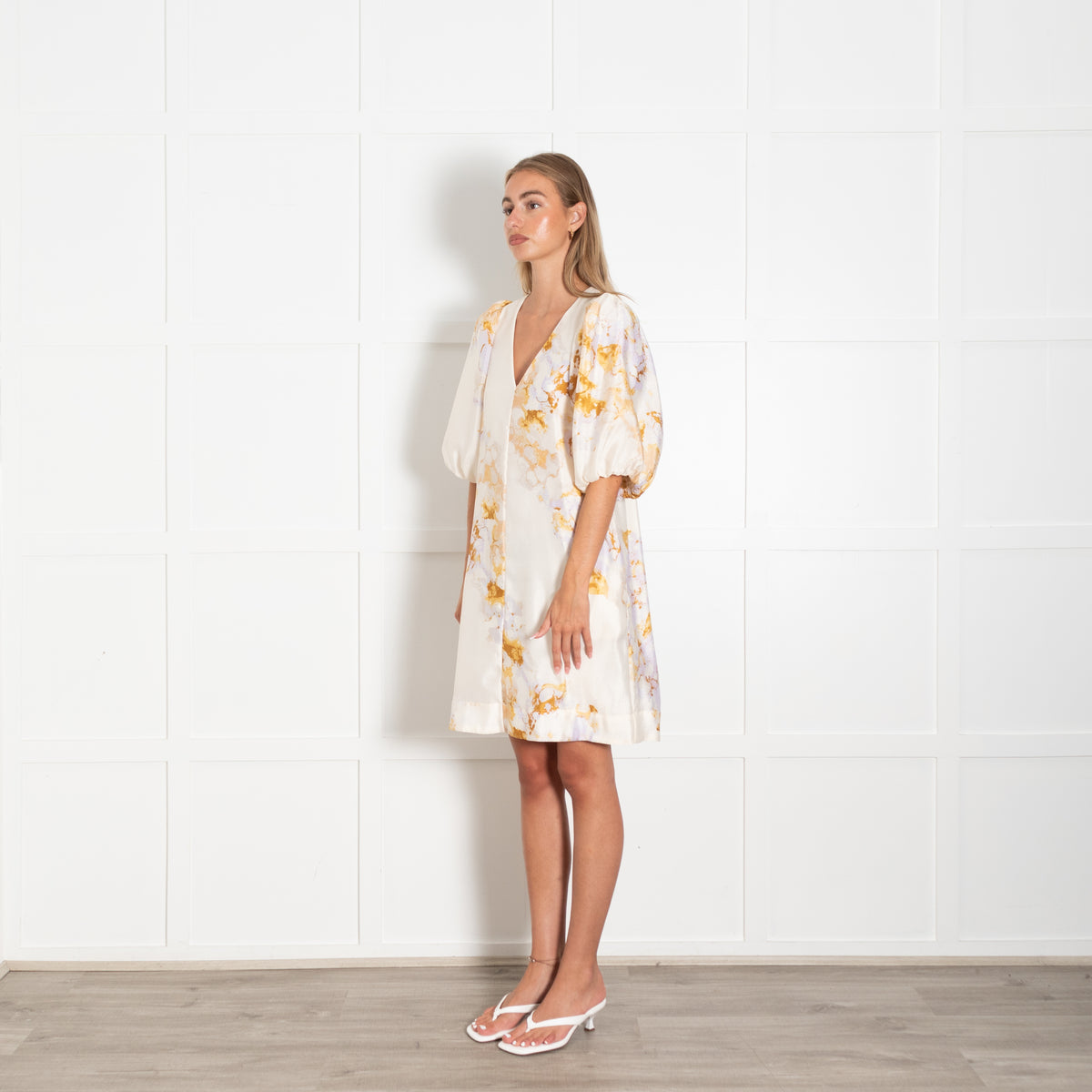 Second Female Cream With Purple Watercolour Print Puff Sleeve Dress