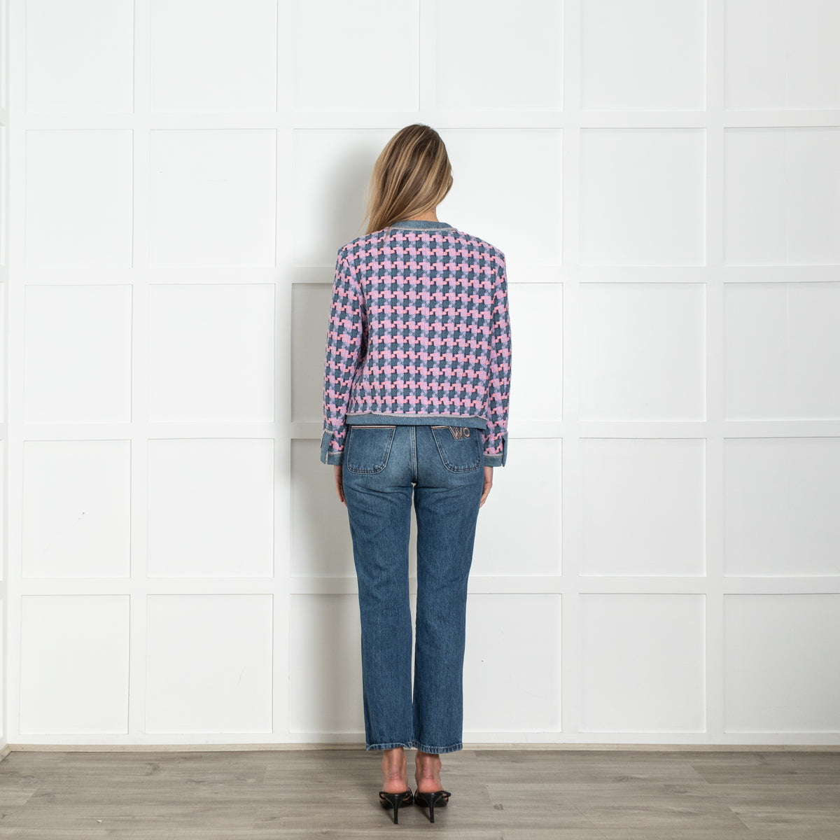 Sandro Pink And Blue Tweed Jacket With Gold Buttons