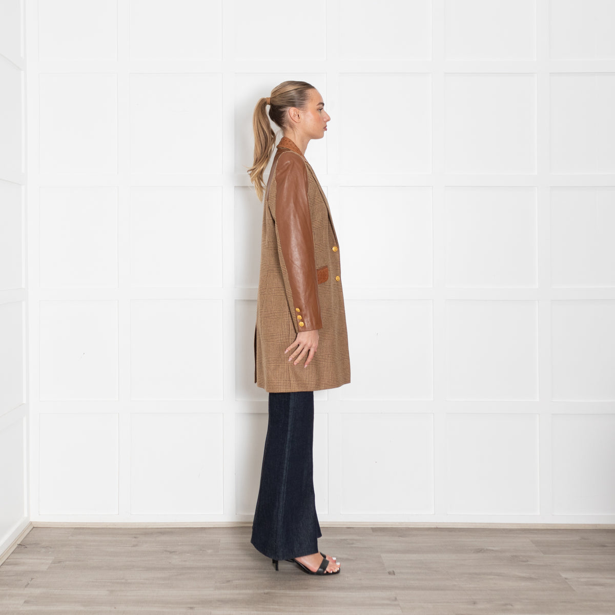 Holland Cooper Tweed Coat With Leather Sleeves, Collar & Pockets