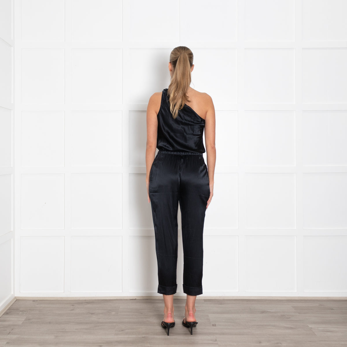 Cami NYC Black Satin One Shoulder Jumpsuit