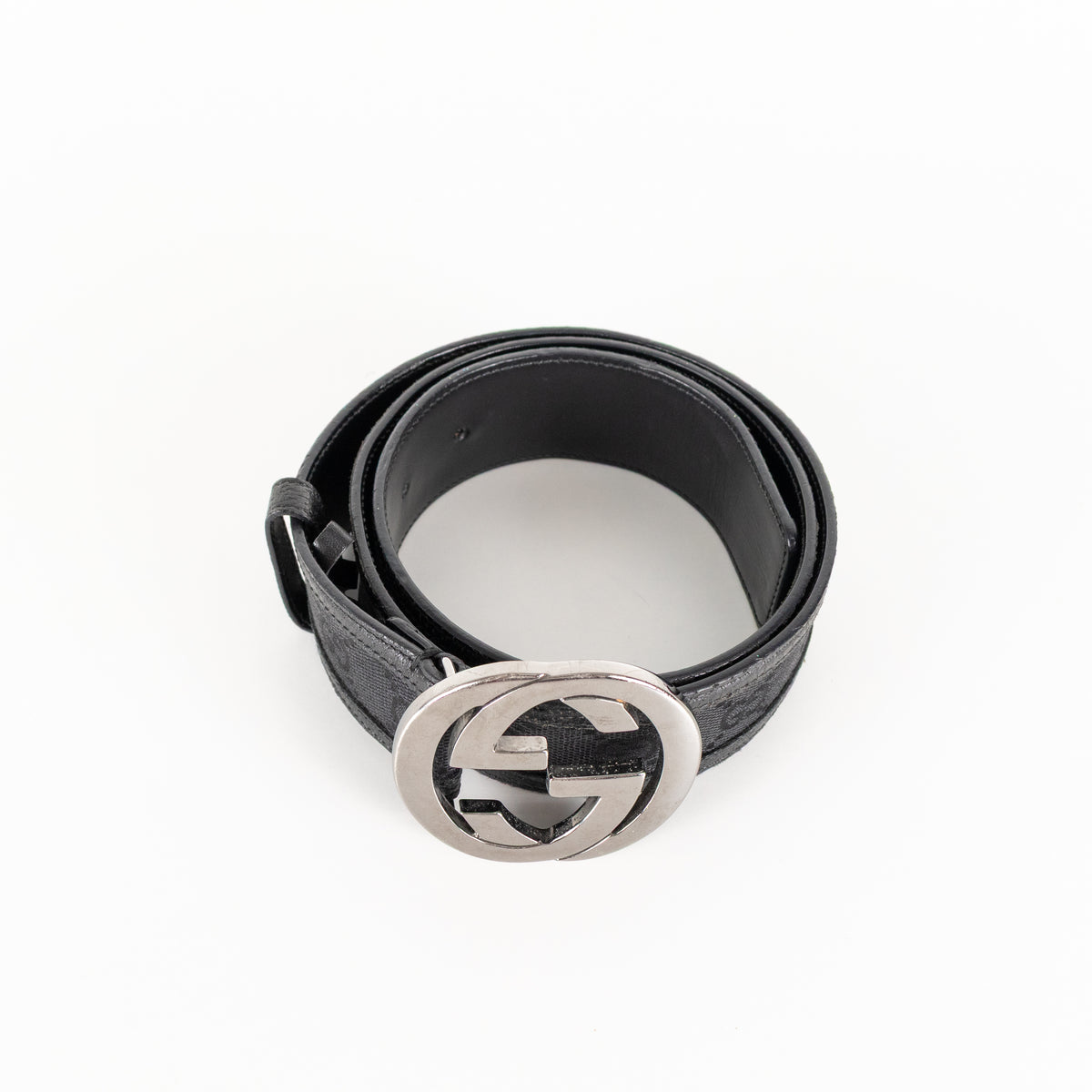 Gucci Black Silver GG Logo Leather Trim Fabric Belt
