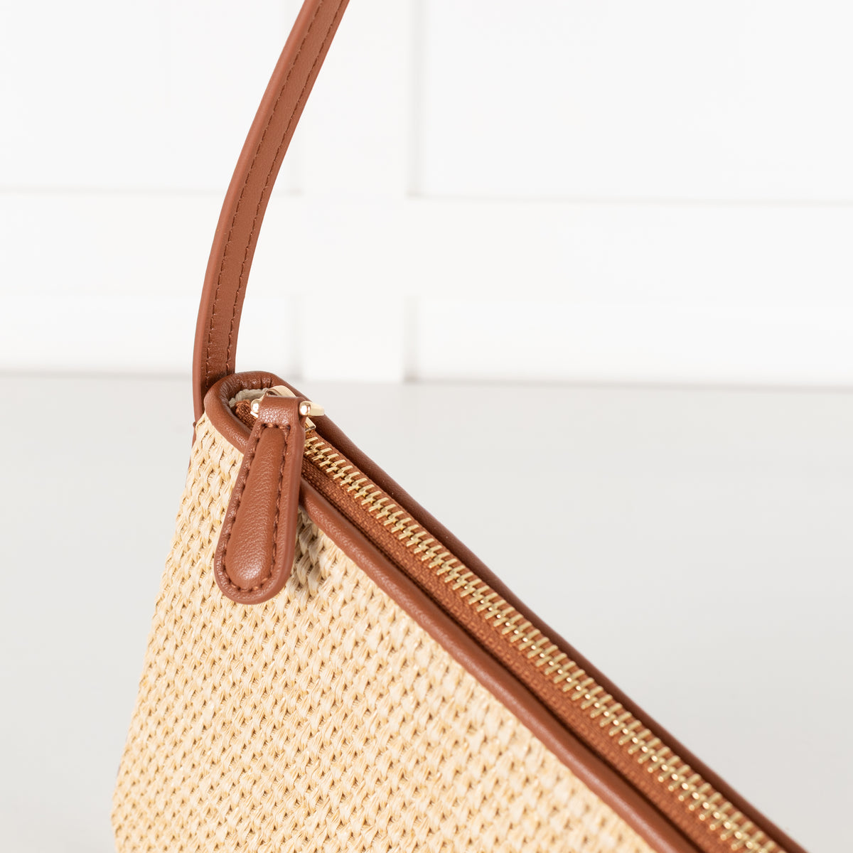 Aupen Beige Woven Asymmetric Shoulder Bag With Brown Leather Trim