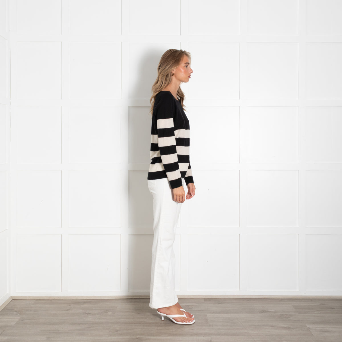 Strenesse Black And Cream Stripe Fine Knit Cashmere Jumper