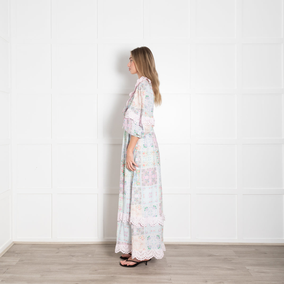 Fillyboo Pastel Pink Lilac Aqua Floral Lace Trim Cotton Maxi Dress