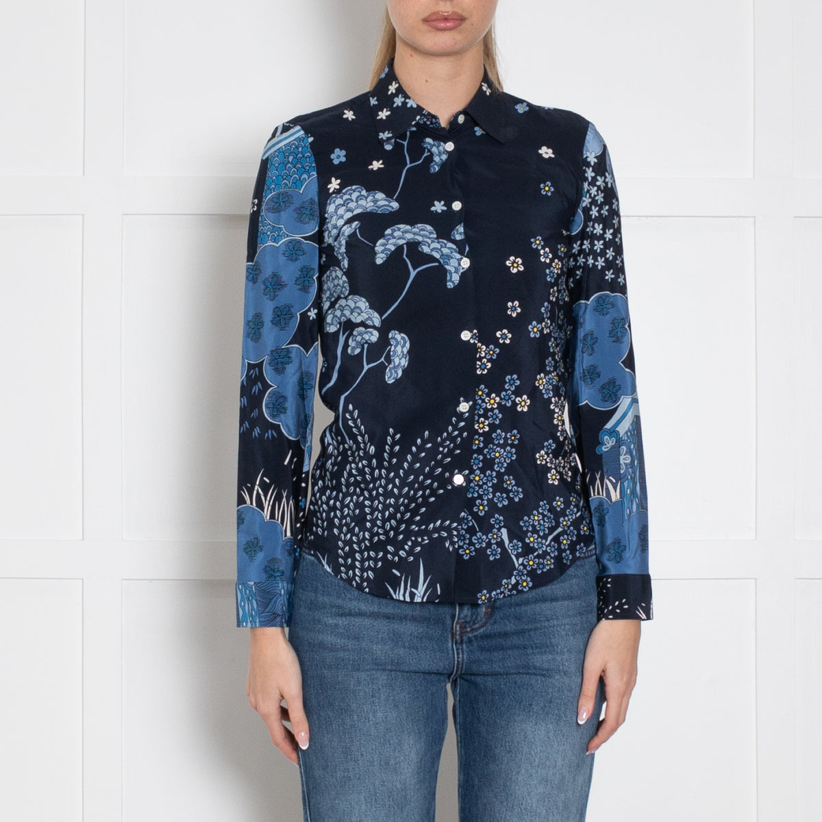 Red Valentino Blue Mix Flower Print Silk Shirt