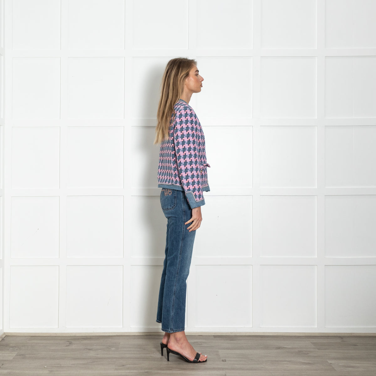 Sandro Pink And Blue Tweed Jacket With Gold Buttons