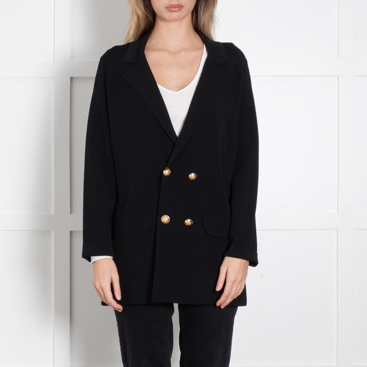 D.Exterior Black Cardigan With Gold Buttons
