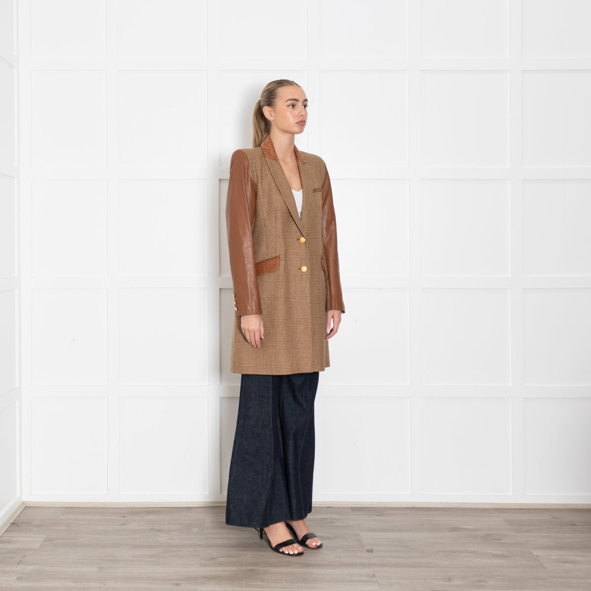 Holland Cooper Tweed Coat With Leather Sleeves, Collar & Pockets