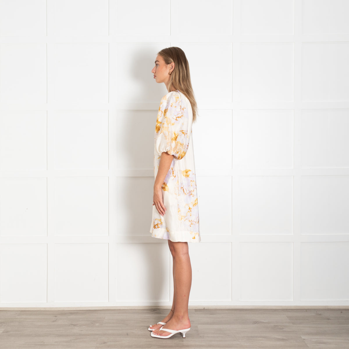 Second Female Cream With Purple Watercolour Print Puff Sleeve Dress