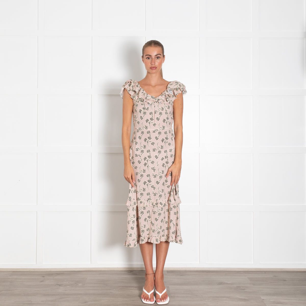 Prada Cream Mauve Stripe Frill Trim Midi Dress