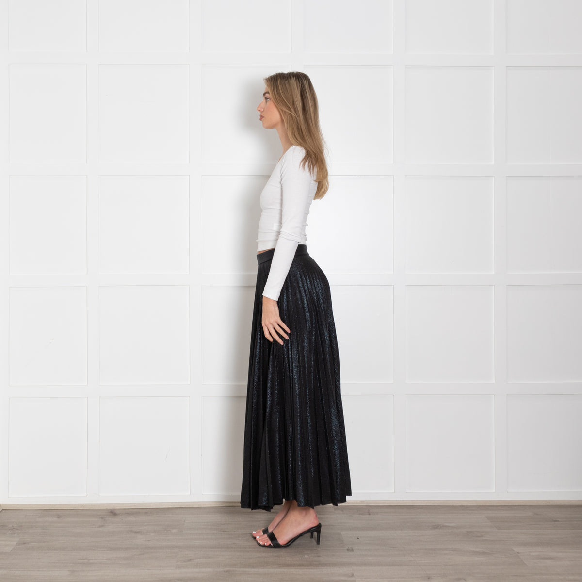 Emilia Wickstead Black Shimmer Pleated Long Skirt