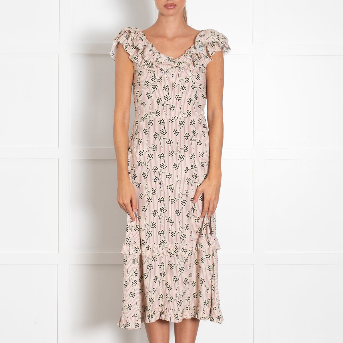 Prada Cream Mauve Stripe Frill Trim Midi Dress