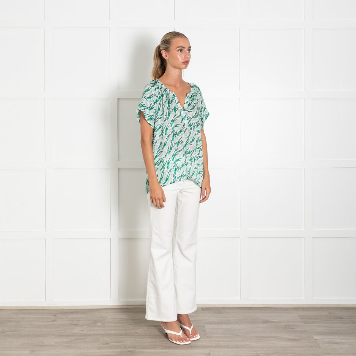 Primrose Park Green And White Fern Pattern Cap Sleeve Top