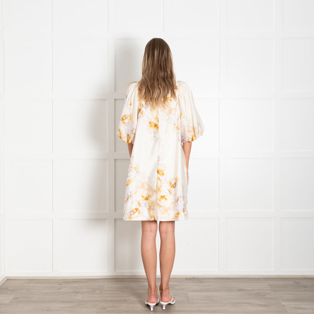 Second Female Cream With Purple Watercolour Print Puff Sleeve Dress