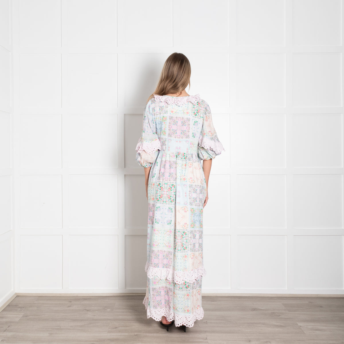 Fillyboo Pastel Pink Lilac Aqua Floral Lace Trim Cotton Maxi Dress