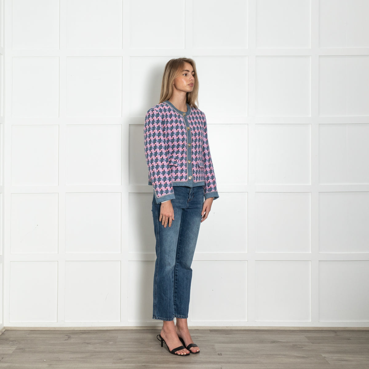 Sandro Pink And Blue Tweed Jacket With Gold Buttons