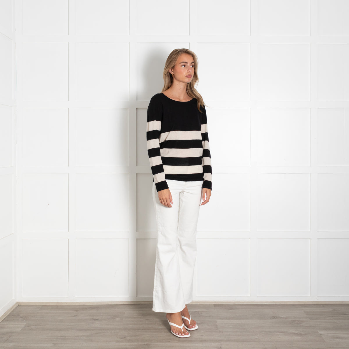 Strenesse Black And Cream Stripe Fine Knit Cashmere Jumper