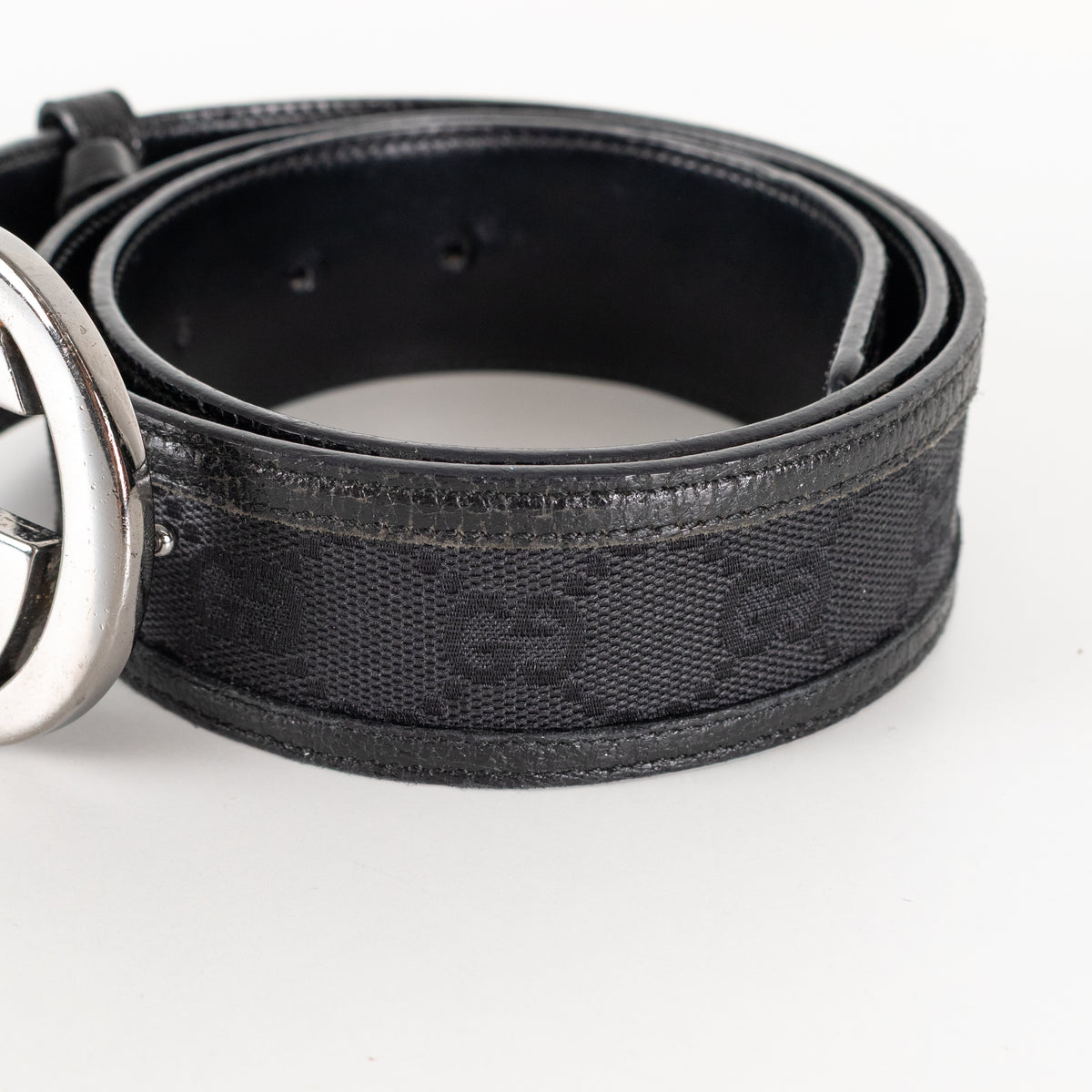 Gucci Black Silver GG Logo Leather Trim Fabric Belt