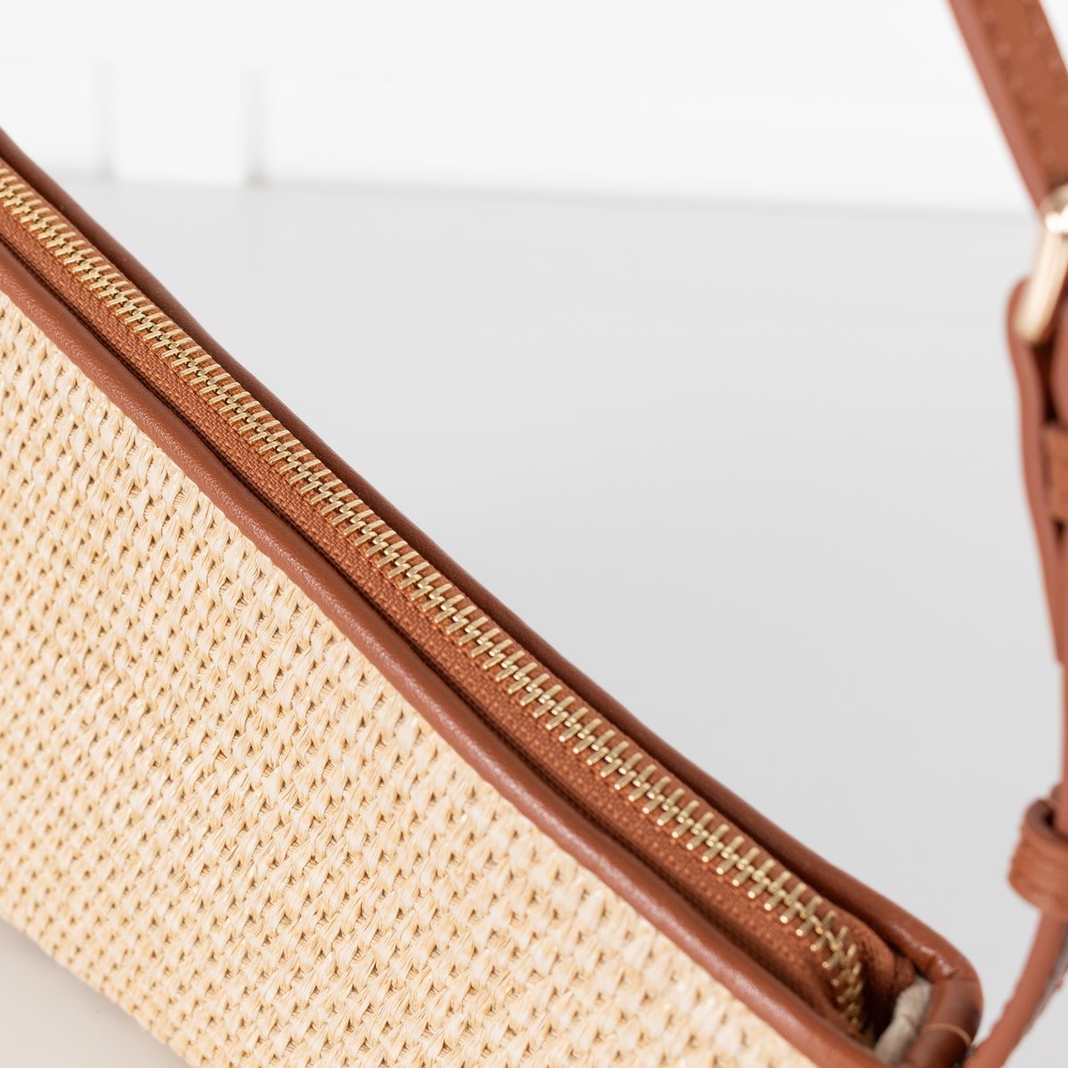 Aupen Beige Woven Asymmetric Shoulder Bag With Brown Leather Trim